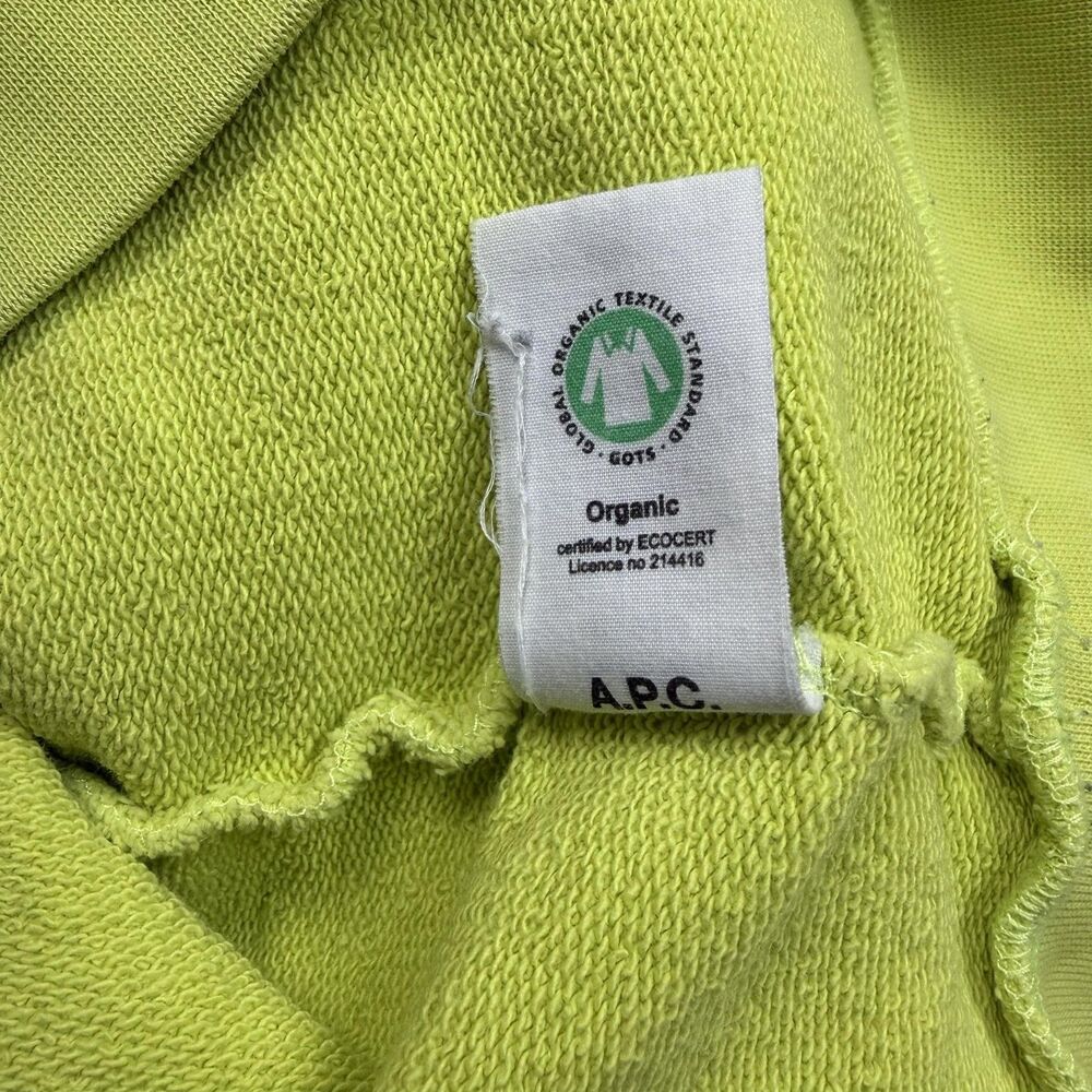 A.P.C. Hoodie Mens Large Lime Green Organic Cotton Logo Fleece Pullover - Picture 6 of 11